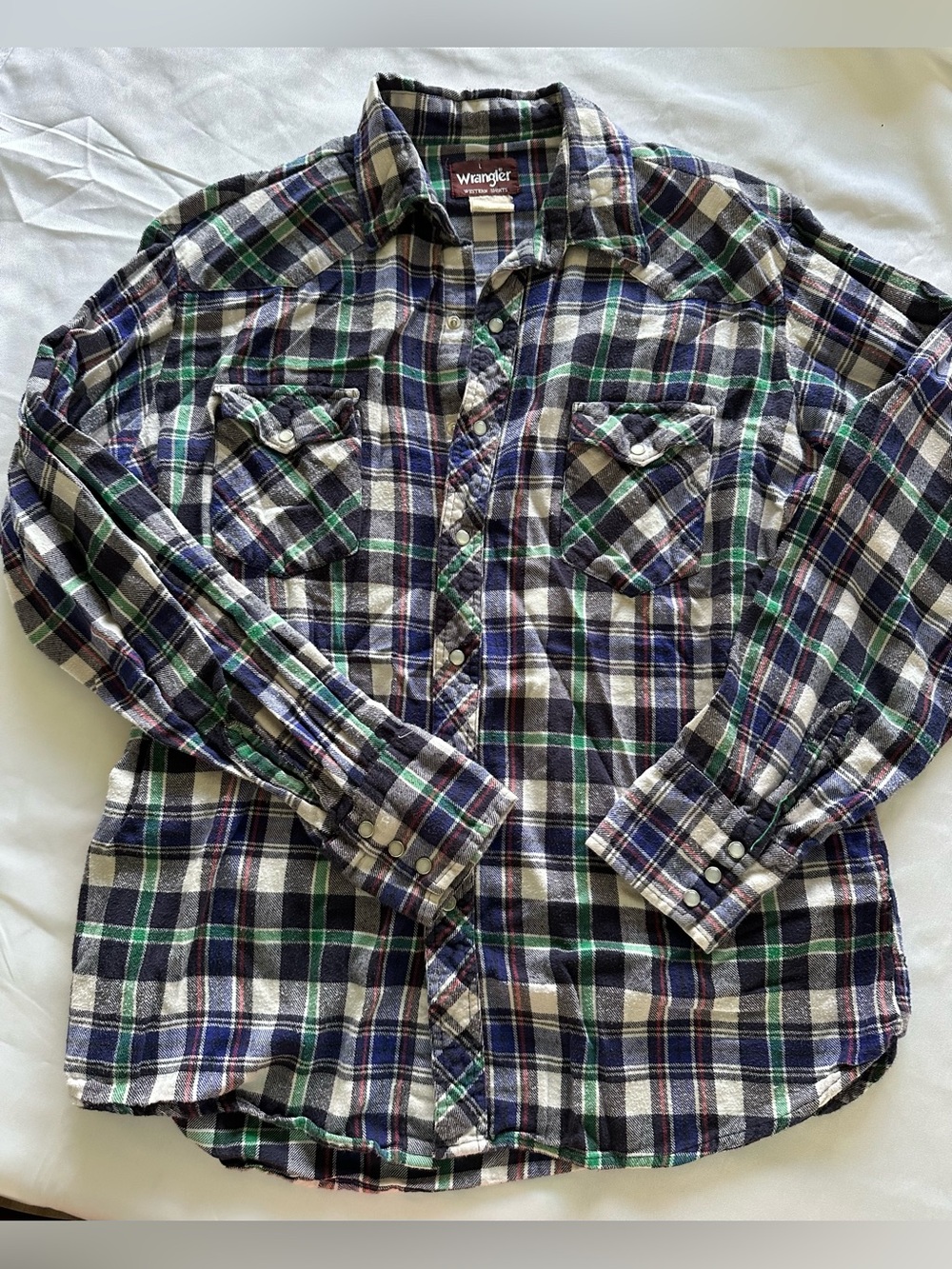 VTGWrangler Maroon Label Green Navy Plaid Shirt pearl snap